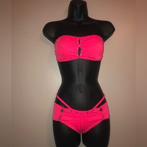 Sexy 🌺neon Coral Exotic Dancer/Rave/Stripper 3PC outfit with Rhinestone Accents